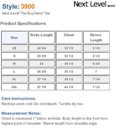 Next Level Boyfriend Tee Size Chart